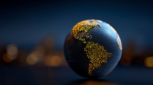 Glowing digital globe highlighting the Americas with yellow dots on a dark background, representing technology, data, and global connectivity in a modern, futuristic style