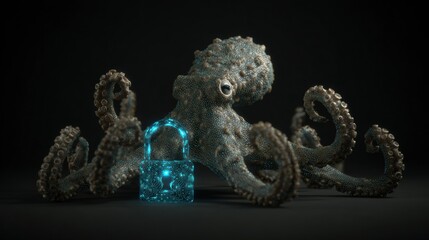 Realistic Octopus Gripping Digital Padlock Icon in a Dark Cybernetic Environment