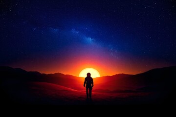 Astronaut Silhouette Standing Before a Desert Sunset and Milky Way