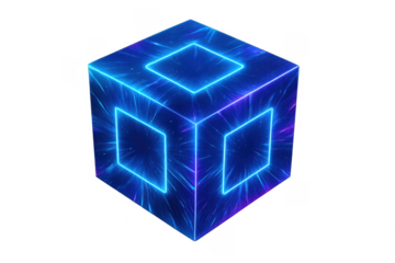 Glowing neon cube creating abstract cyber data background
