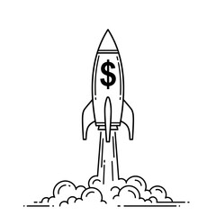 Outline drawing of a money rocket launching with dollar sign on body, vector illustration