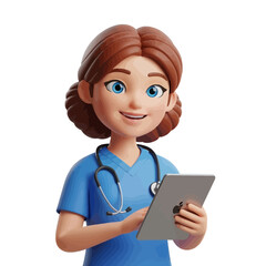Fototapeta premium 3d cartoon female nurse character with brown hair wearing blue scrub holding digital tablet vector illustration
