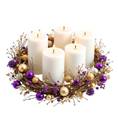 Five white pillar candles lit and arranged in festive wreath with purple and gold ornaments on white background