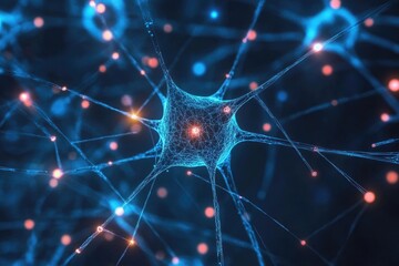 Neuron cell with glowing connections, in blue and orange