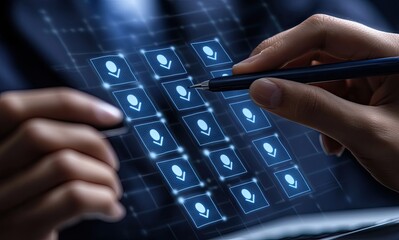 User interacts with grid of avatars on futuristic screen