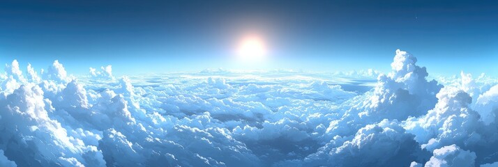 Sky panorama, fluffy clouds, bright sun