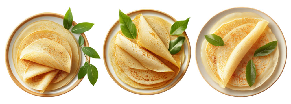 Thin golden crepes folded on a white plate with green leaves, isolated on white background, concept of breakfast