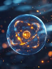 Glowing atom nucleus with electrons orbiting