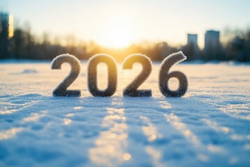 2026 figures on snowy field, lit by bright sun at horizon