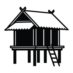 Traditional stilt house with ladder and thatched roof isolated on