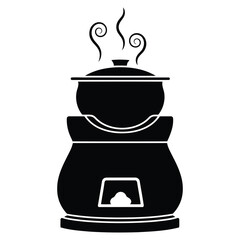 Traditional cooking pot steaming on a stove, black silhouette, isolated on