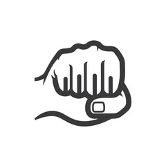Stylized black and white line art icon of a closed fist punching forward, vector illustration