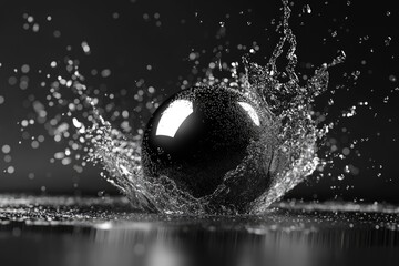 Sphere splashes water; moment frozen, high contrast