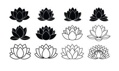 Lotus flower vector set black and white minimalist style different stages