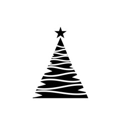 Obraz premium Stylized black and white graphic icon of a modern christmas tree with wavy horizontal lines and a star on top, vector illustration