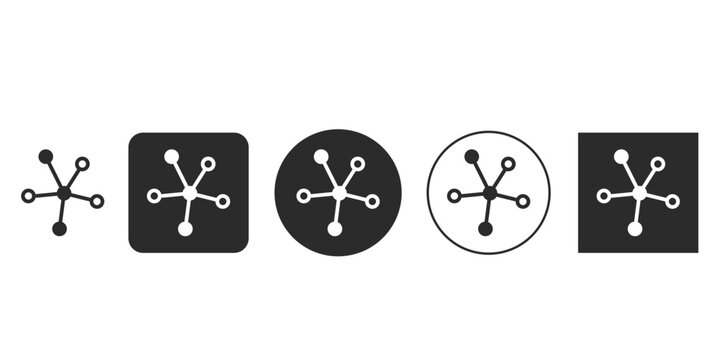 Network connection hub icon set for technology interfaces | Decentralized structure symbol vector graphics in black and white | Data point communication visualization glyphs | Atomic molecular 