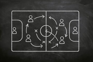 Soccer strategy diagram on a chalkboard, showing team tactics and plays