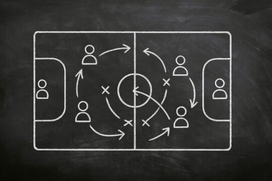 Soccer strategy diagram on a chalkboard, showing team tactics and plays - Powered by Adobe