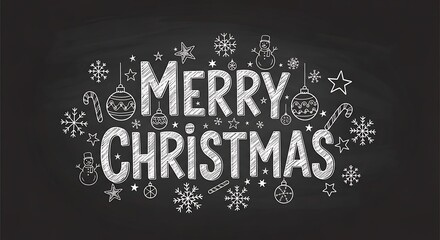 Chalkboard merry christmas greeting with festive ornaments and snowflakes for a whimsical holiday season design