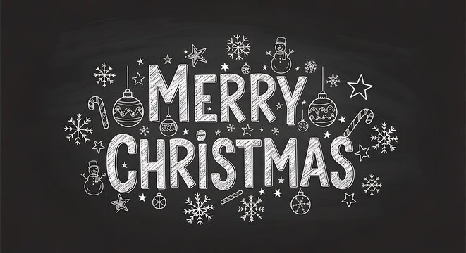 Chalkboard merry christmas greeting with festive ornaments and snowflakes for a whimsical holiday season design