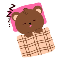 Sleepy brown bear resting on a pillow with a warm blanket, suitable for bedtime themes, relaxation illustrations, children’s content, cozy designs, and cute cartoon elements.