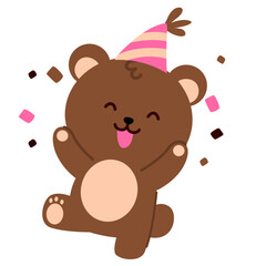 Joyful brown bear wearing a party hat and celebrating with confetti, great for birthday themes, festive illustrations, children’s designs, cheerful messages, and cute cartoon graphics.