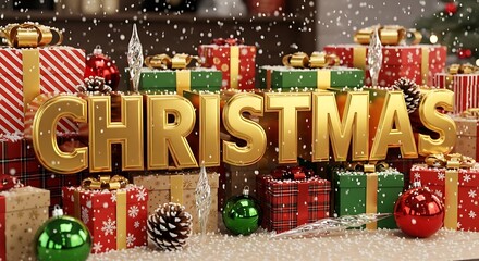 Obraz premium Golden christmas lettering shines brightly amidst a festive display of beautifully wrapped presents and sparkling decorations evoking holiday cheer and gift giving joy