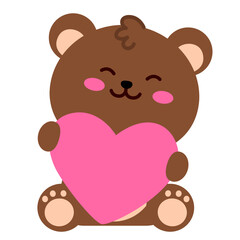 Adorable brown bear holding a large pink heart, ideal for romance themes, greeting cards, love messages, celebrations, children’s graphics, and sweet cartoon illustrations.
