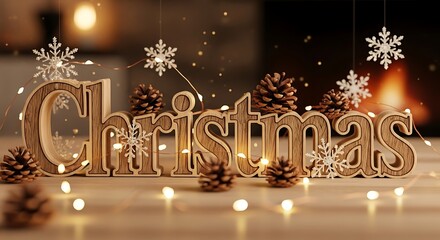 Warm and cozy christmas decoration with golden christmas sign pinecones snowflakes and twinkling lights by a fireplace