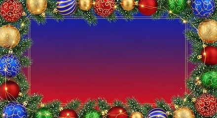 Festive christmas border with ornaments and garland framing a gradient background for holiday designs and greetings