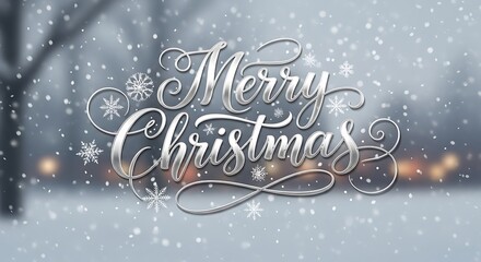Elegant silver merry christmas script with snowy winter landscape and bokeh lights