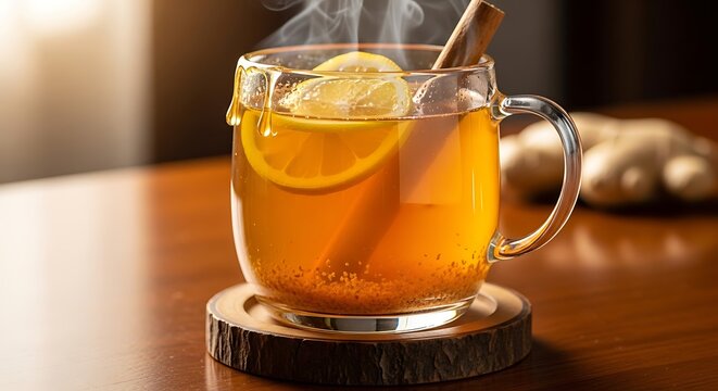 Hot Ginger Tea with Lemon and Cinnamon Stick.