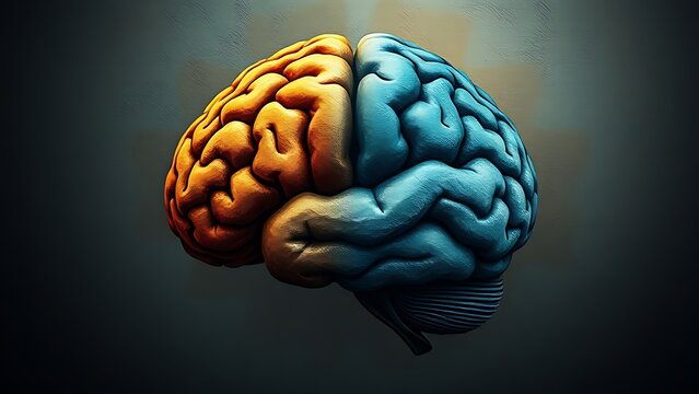 logical. An artistic illustration of a brain split into creative and logical sections, representing psychological concepts. product launch decks.