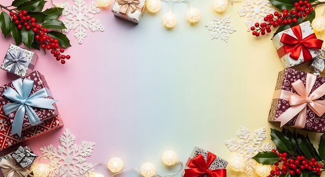 Festive christmas gifts and holly border with soft bokeh lights on a pastel gradient background perfect for holiday greetings