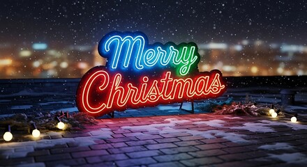 Vibrant neon merry christmas sign illuminates snowy rooftop under a starry night sky