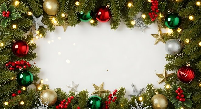 Festive christmas garland border with ornaments and twinkling lights surrounding a blank white space for text or design