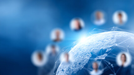 A digital globe with connecting lines and blurred profile icons surrounding it symbolizes global networking, communication, and digital connectivity in a tech-driven world