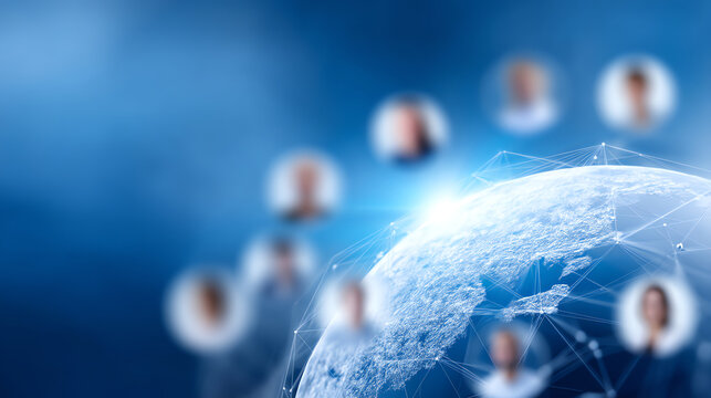 A digital globe with connecting lines and blurred profile icons surrounding it symbolizes global networking, communication, and digital connectivity in a tech-driven world
