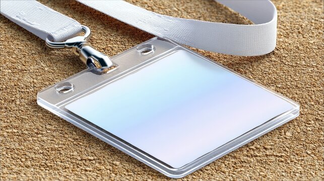 A blank, clear plastic ID badge with a white lanyard is placed on a textured, sandy surface. The badge has ample copy space for personalization and is shown in