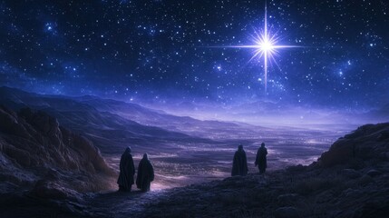 Three wise men follow the star under a sparkling sky across a peaceful desert at night