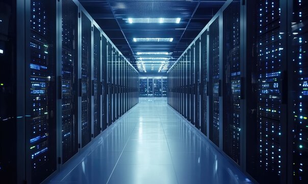 Server room aisle, glowing blue lights reflecting on the floor - Powered by Adobe
