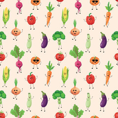 Seamless pattern featuring cute vegetable characters including beet, corn, tomato, carrot, onion, pepper, eggplant, zucchini, pumpkin, and broccoli with expressive faces on a light background