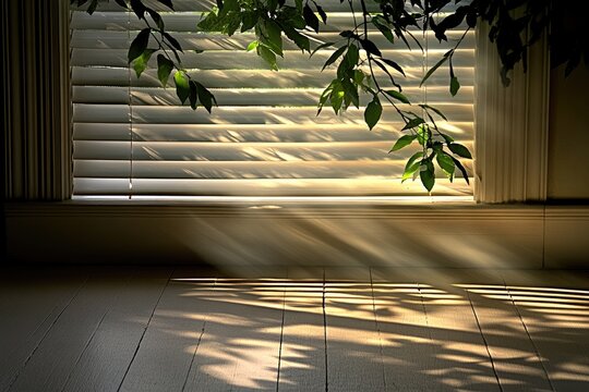 Sunlit blinds cast shadows on floor. Plant above window - Powered by Adobe