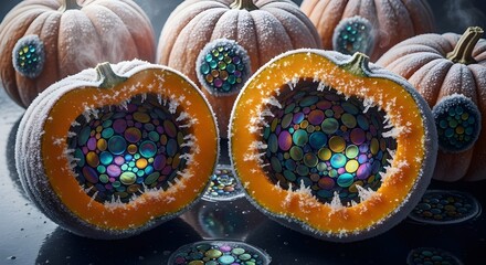 An intriguing close-up view of a halved pumpkin revealing a vibrant, colorful, and patterned interior, with a scattering of similar colorful spheres surrounding it