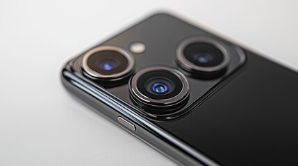 Fototapeta premium Close up of modern black smartphone triple camera lens system on clean background showing advanced technology