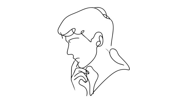 Single line drawing in modern minimalist style of person thinking alone in contemplative pose on white background with copy space