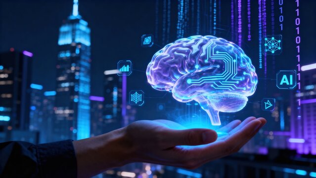 Hand holding a glowing digital brain with AI and data symbols over a futuristic cityscape