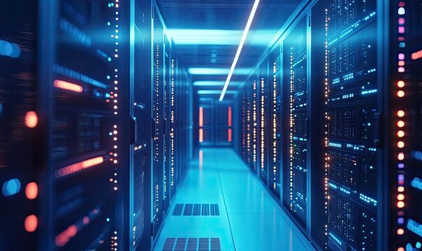 Server hallway with glowing lights and blurred machines - Powered by Adobe