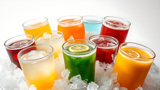 culpability. Assorted colorful beverages in crushed ice with condensation. bar promotions, beverage menus, designed for food & beverage menus and cafe branding, used by interior designers.