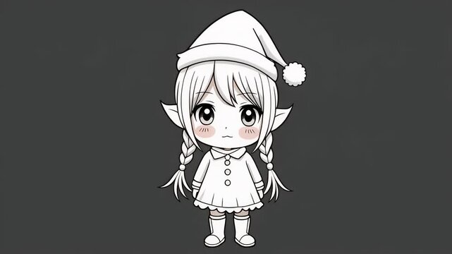 Cute Anime-style Girl in Pajamas and Nightcap, with Pigtails and Large Expressive Eyes, Illustrated in a Whimsical Drawing Style on a Solid Background